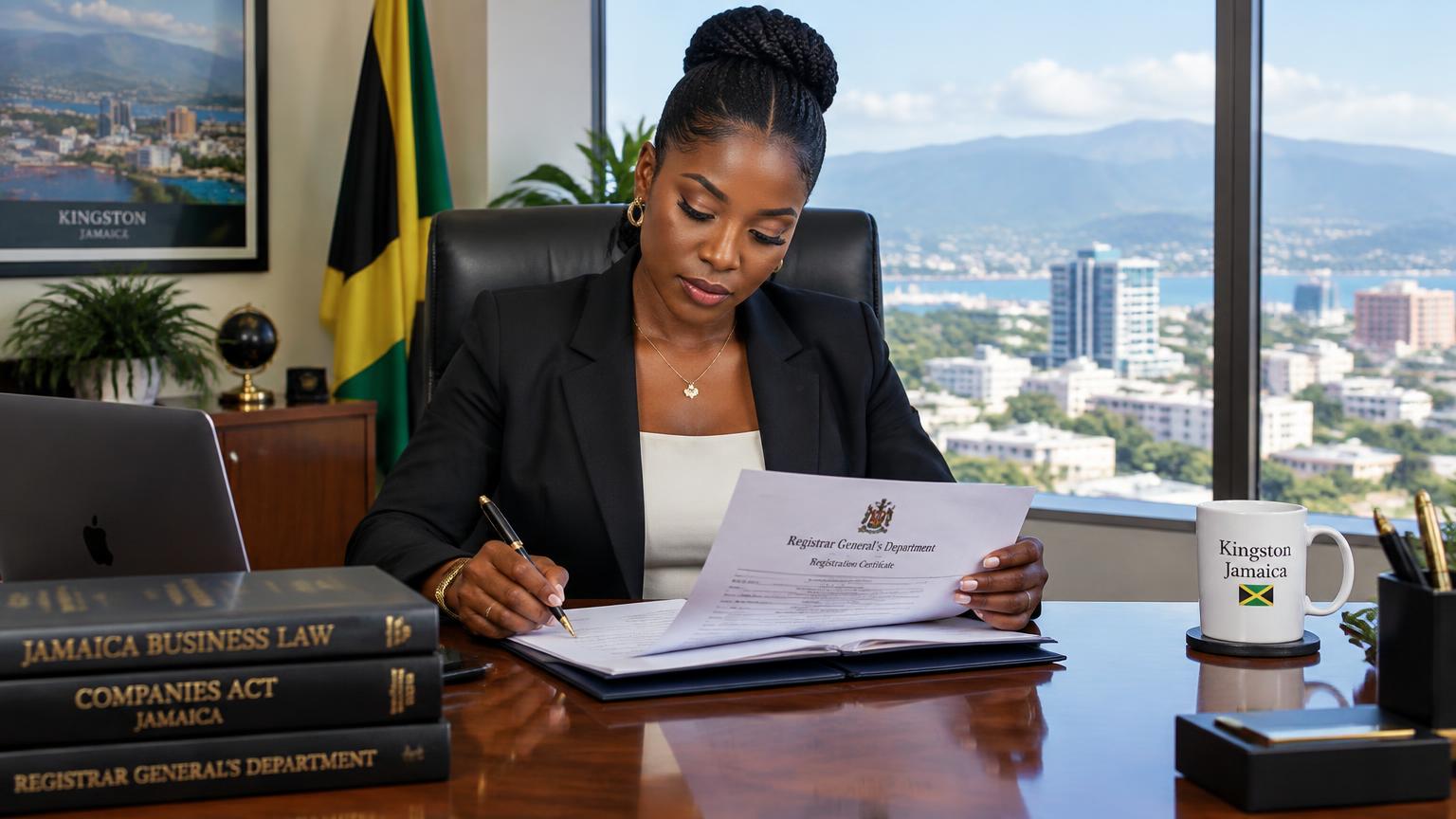 Registration officer in a Kingston office reviewing official paperwork